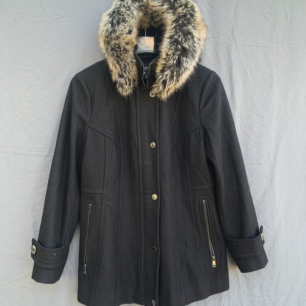 WOMENS - sz Med NWOT London Fog Womens Coat Black Faux-Fur-Trim Hooded Walker